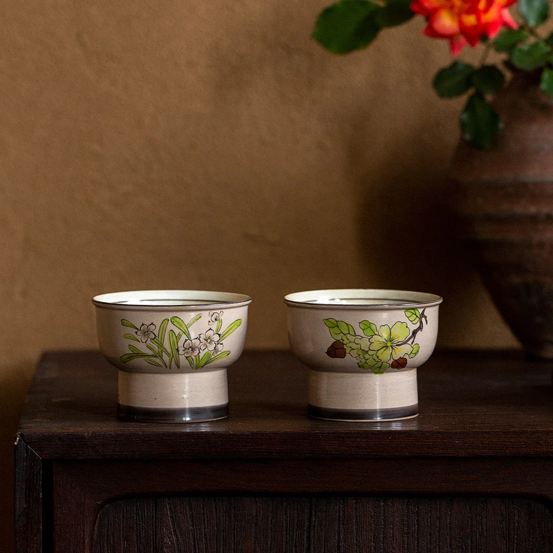 百垚纯手绘蒲公英高足桃花高足女士茶杯主人杯品茗杯功夫茶具茶杯