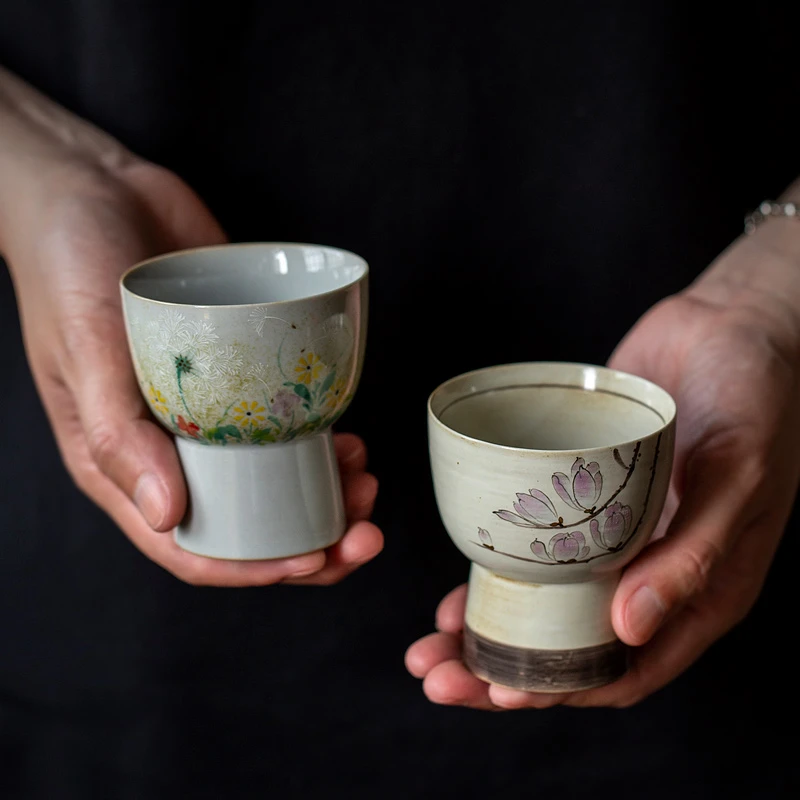 百垚手绘玉兰花高足安康高足主人杯日式陶瓷茶杯功夫茶具喝茶杯