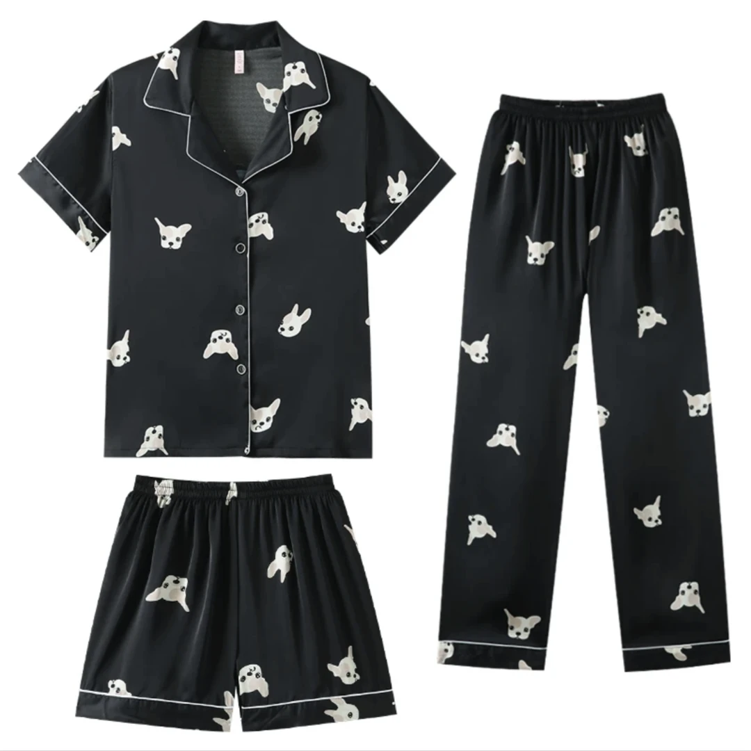 2023新款春秋季睡衣明星同款法斗卡通印花柔光软丝家居服套装