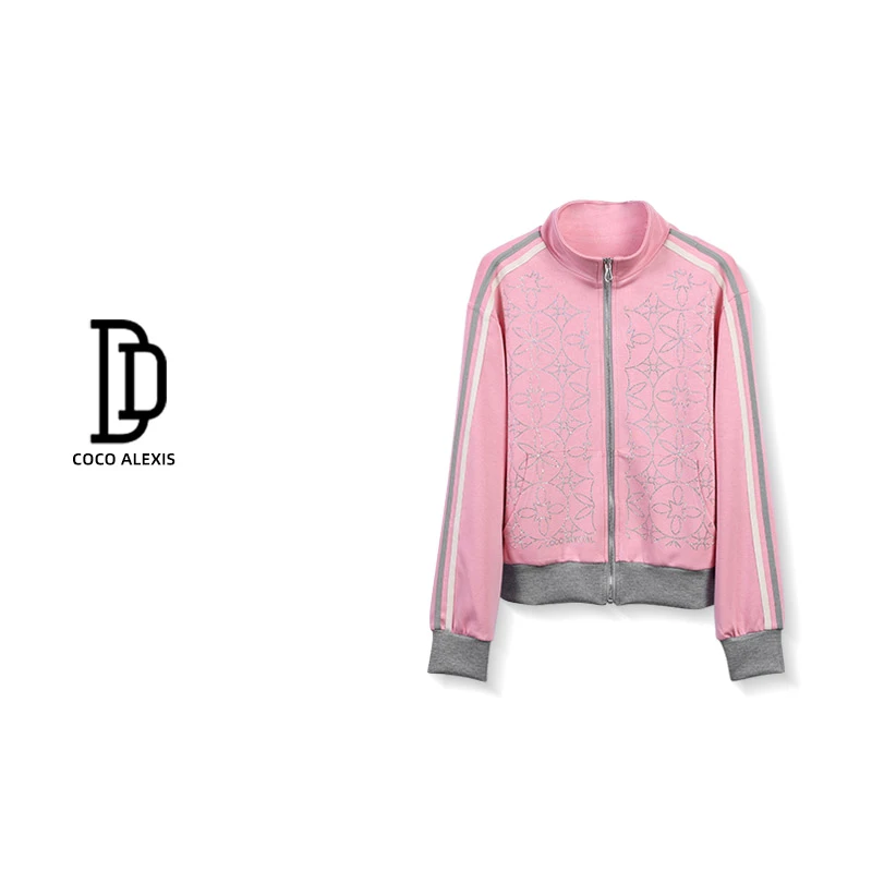 【现货发】AA8391#2023秋季新款休闲运动外套女立领粉色开衫上衣