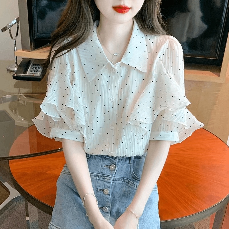 法式雪纺短袖衬衫女夏季2023新款设计感洋气减龄小衫别致小众上衣