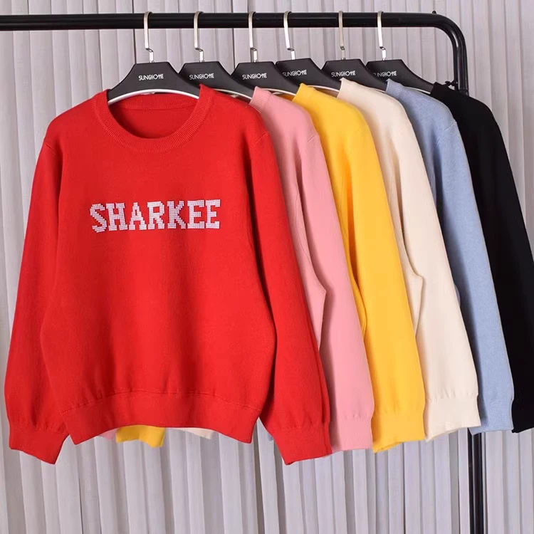 秋冬季厚款保暖圆领套头长袖针织毛衣时尚休闲百搭上衣重工烫钻