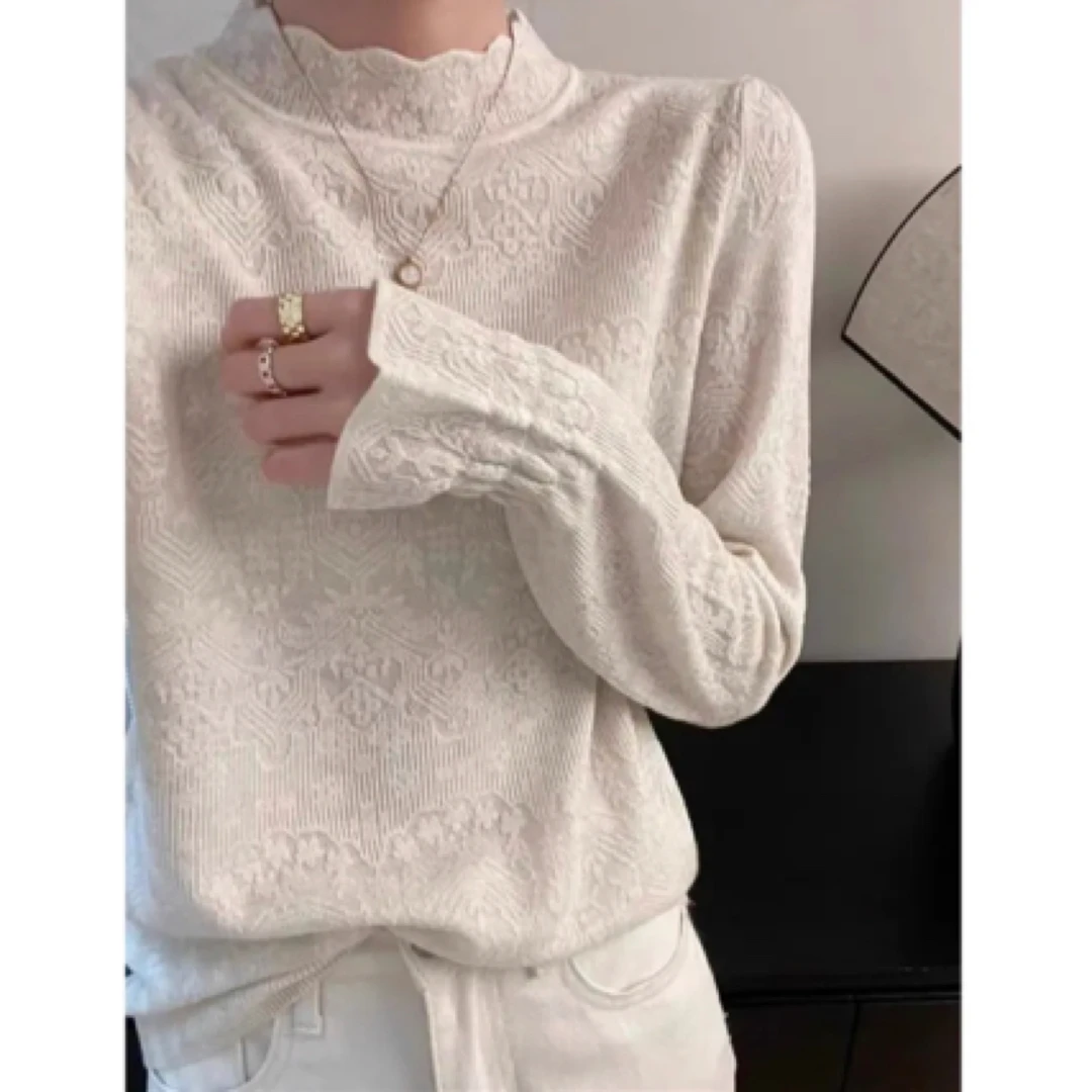 【花边蕾丝】2024百搭显瘦时尚针织衫打底衫欧根纱蕾丝内搭