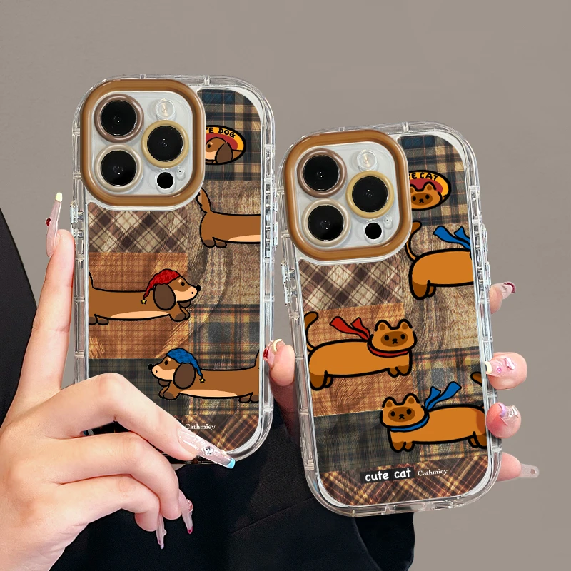 适用苹果15羽纱奶油iPhone16pro手机壳华为p秋冬格纹小狗mate防摔