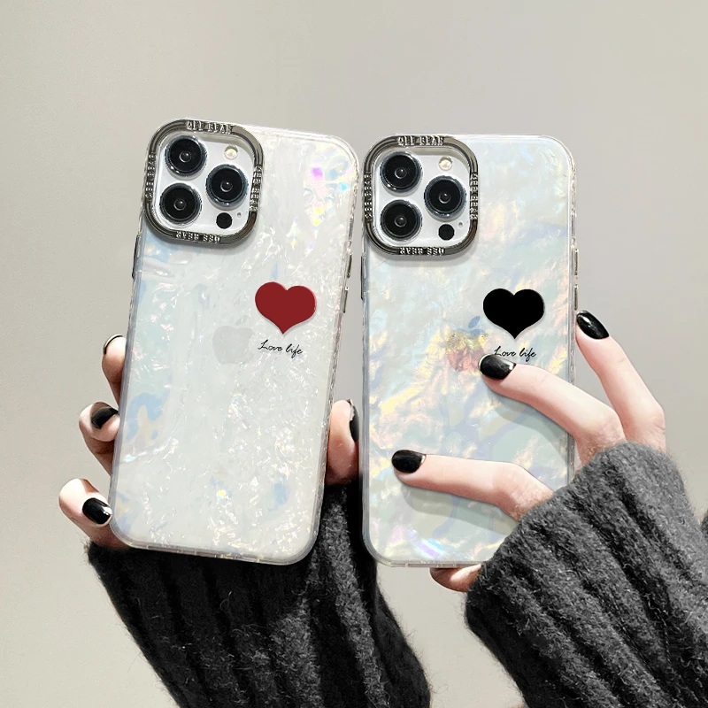 适用苹果15贝壳纹iPhone14手机壳13/12/11promax简约爱心保护套