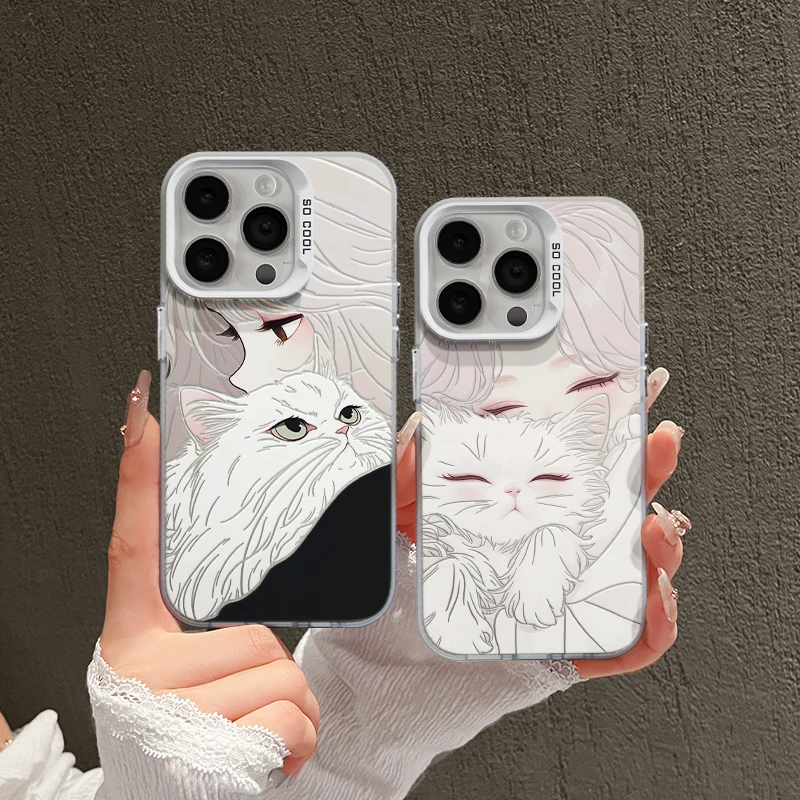 适用苹果15磨砂iPhone14pro手机壳13创意华为p70黑衣猫咪女孩oppo