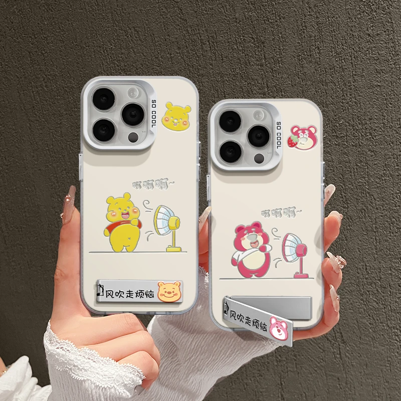 适用苹果14磨砂彩银iPhone15pro手机壳华为p70吹风扇草莓熊支架