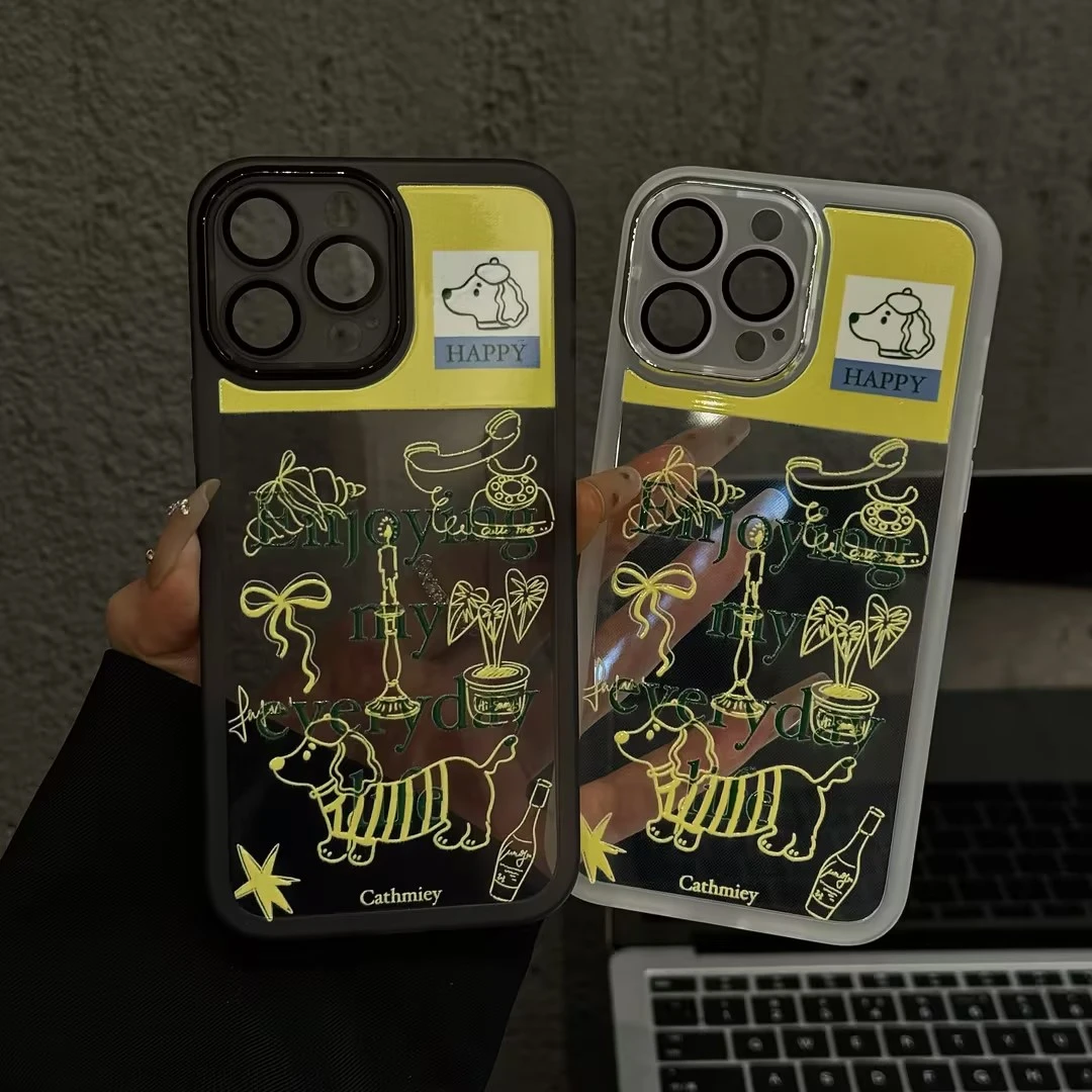 适用苹果15华为p手机壳iPhone16金属镜框mate60蓝黄线条涂鸦小狗