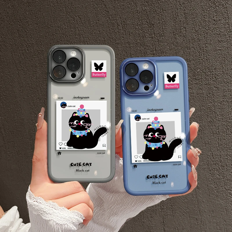 适用苹果15华为p70手机壳iPhone16pro金属镜框ins标签黑猫mate60