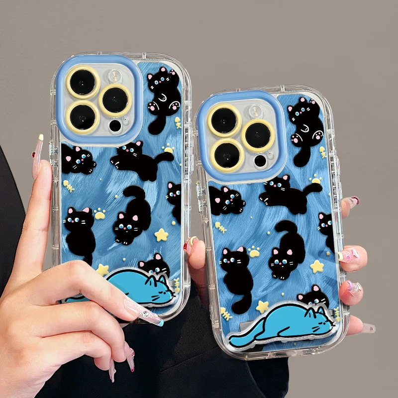 适用苹果15羽纱奶油iPhone14pro手机壳华为p70蓝底黑猫咪mate支架