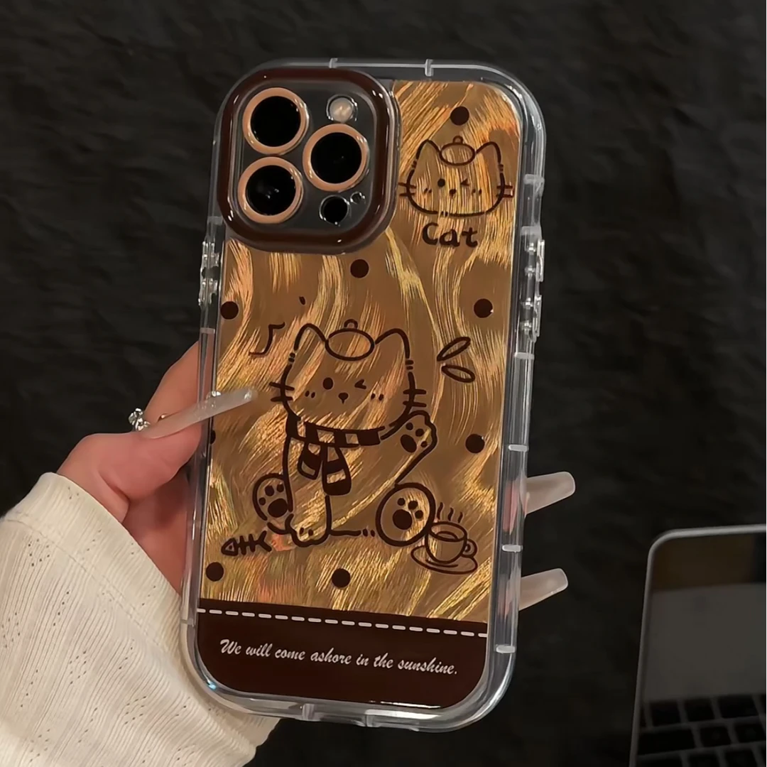 适用苹果15羽纱奶油iPhone16pro手机壳14华为p棕色线条猫咪mate60