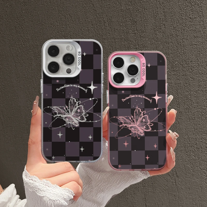 适用苹果15磨砂iPhone14pro手机壳13华为p70棋盘蝴蝶oppo防摔全包