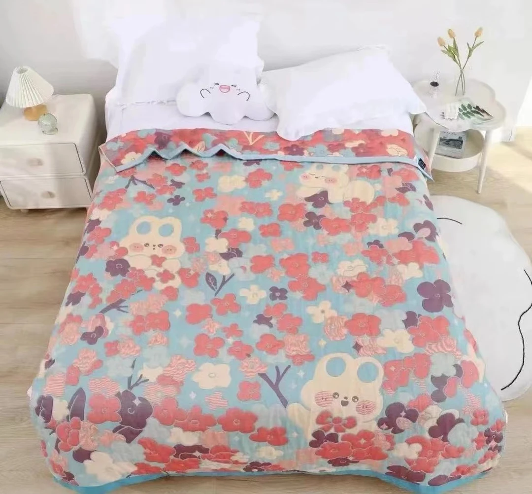 （花与兔）150*200cm 多层纯棉纱布床盖