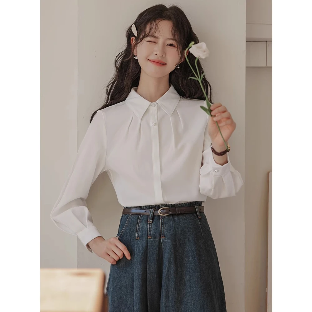 法式气质白色衬衫女设计感小众复古褶皱长袖衬衣甜美百搭通勤上衣