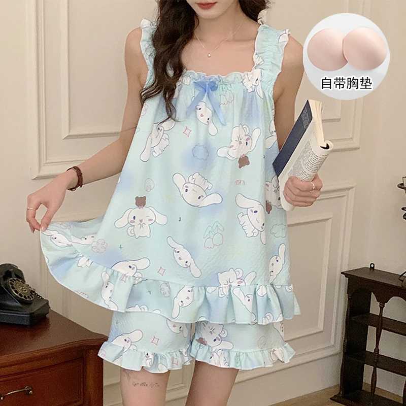 【带胸垫】甜美可爱玉桂狗泡泡棉吊带睡衣套装夏季少女家居服可外穿