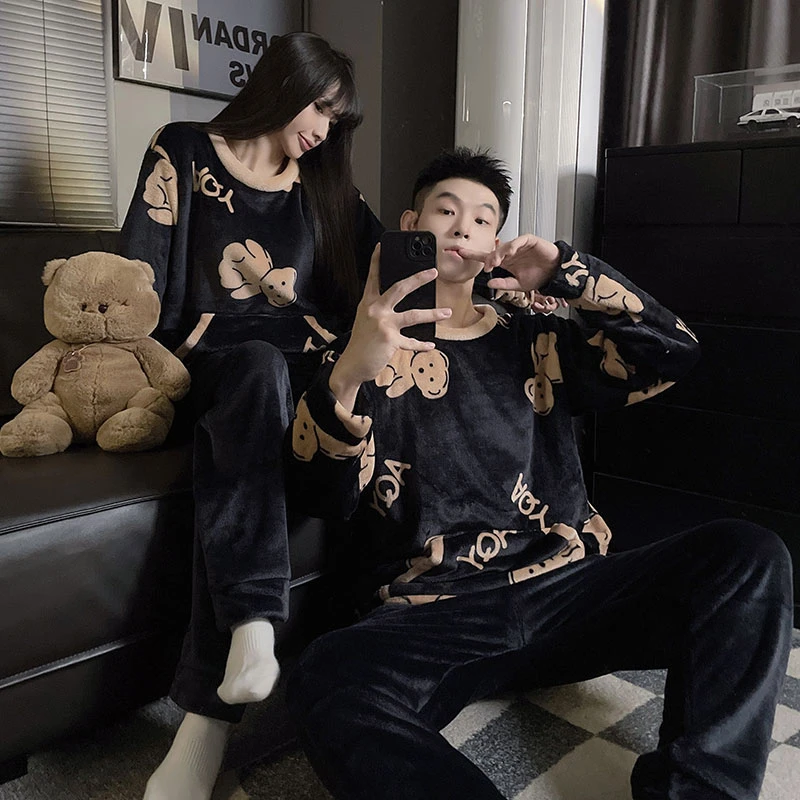 秋冬季法兰绒卡通大码情侣圆领睡衣长袖加厚加绒保暖男女士家居服