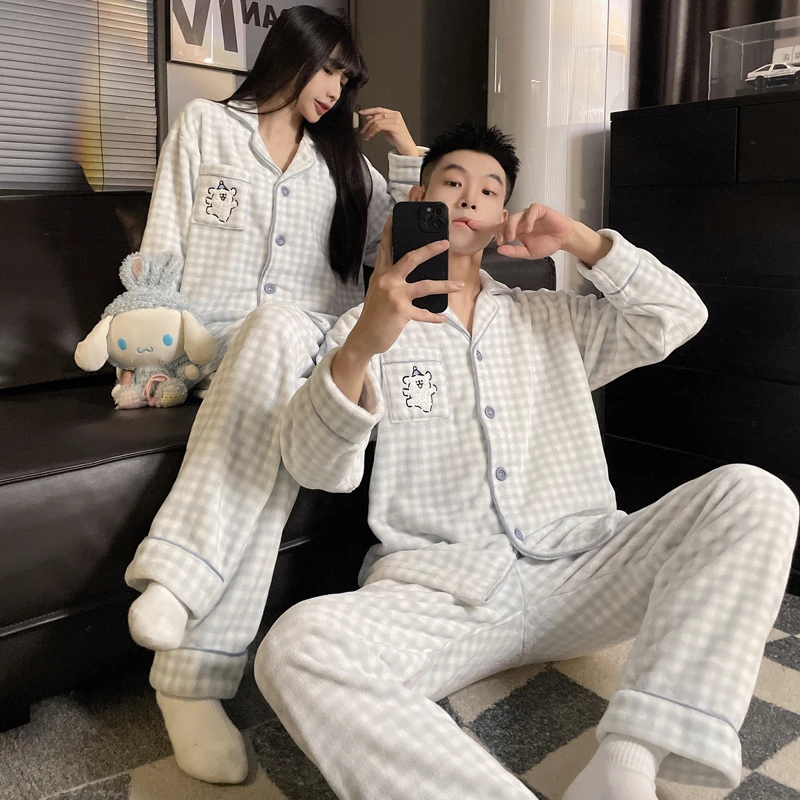 线条小狗秋冬季法兰绒卡通情侣睡衣加绒加厚保暖大码男女士家居服