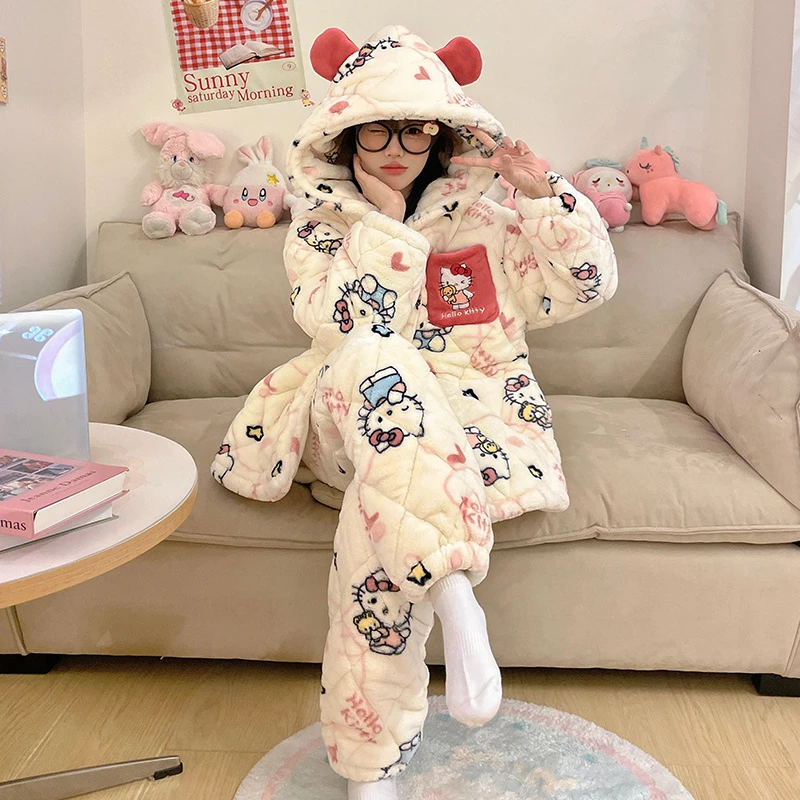 2024年新款冬季珊瑚绒睡衣女秋冬季加厚加绒三层夹棉家居服套装