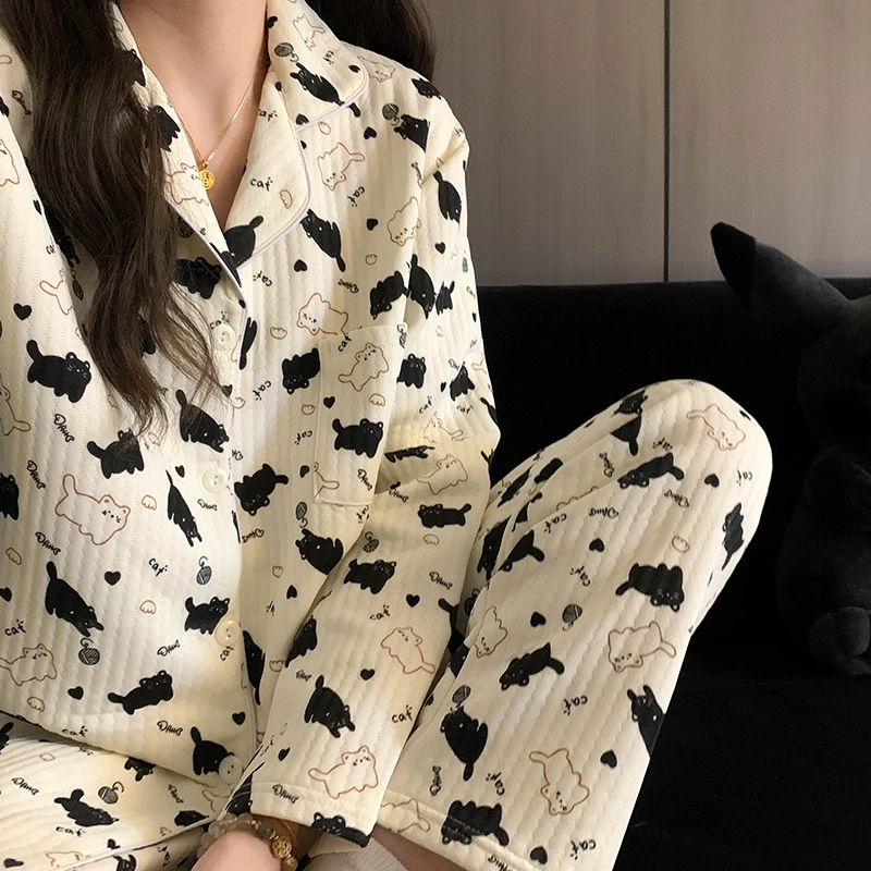 【夹层小黑猫空气棉夹层睡衣女秋冬季夹棉加厚冬天保暖家居服