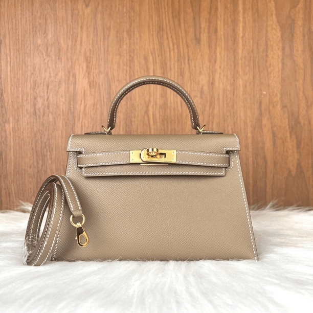 99新 Hermes/爱马仕 mini Kelly二代大象灰金扣B刻盒子尘袋毛毡