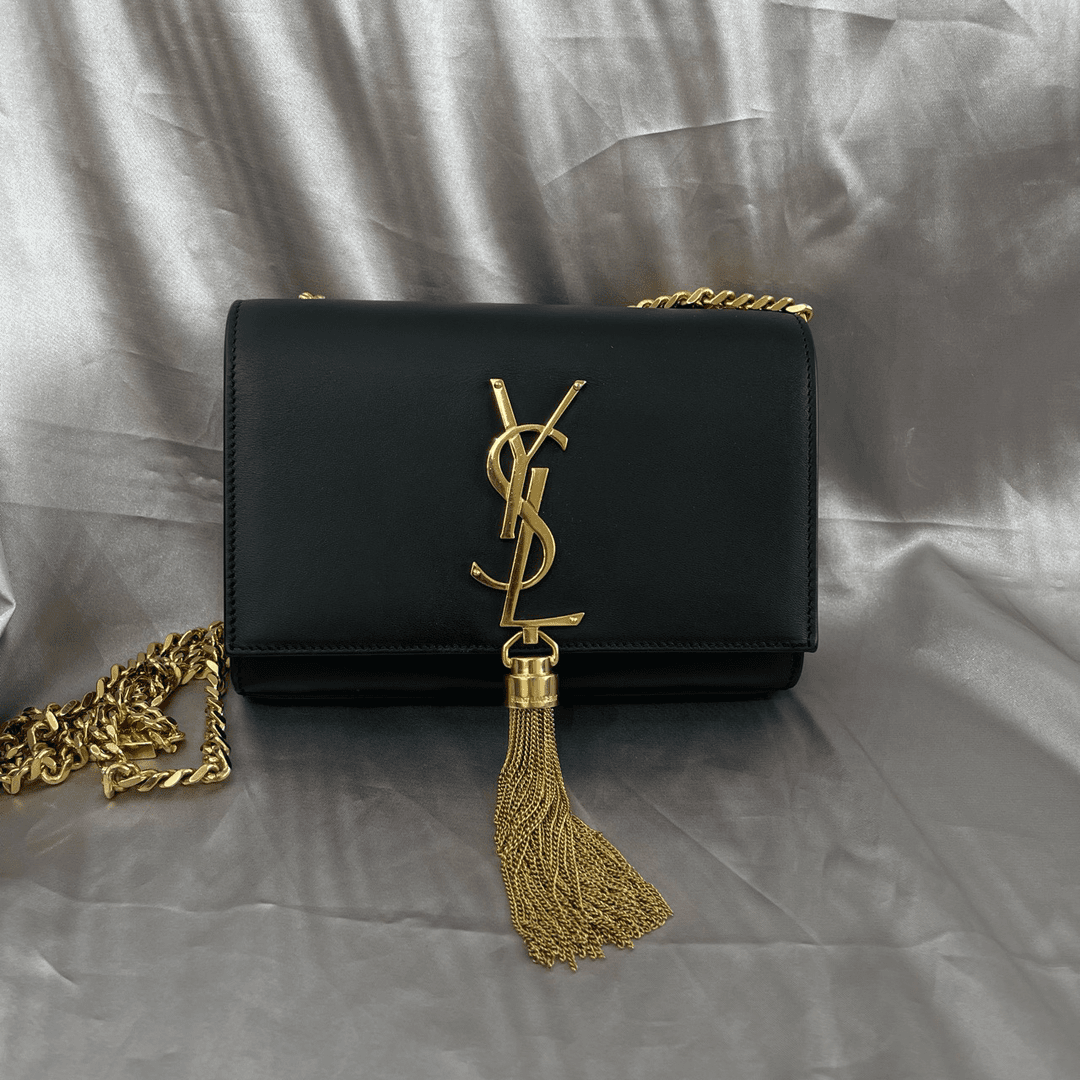 95新 YSL/圣罗兰 Kate光面黑金流苏链条包