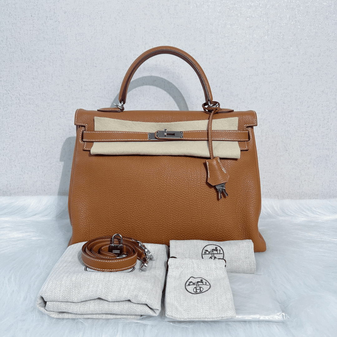 95新 Hermes/爱马仕 Kelly35 金棕银扣togo皮/框O/