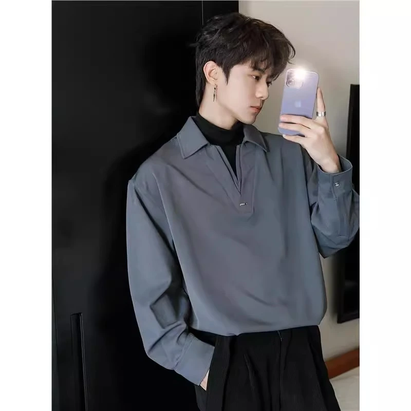男士假两件套头衬衫拼接设计感polo领高领情侣高级时尚休闲上衣潮