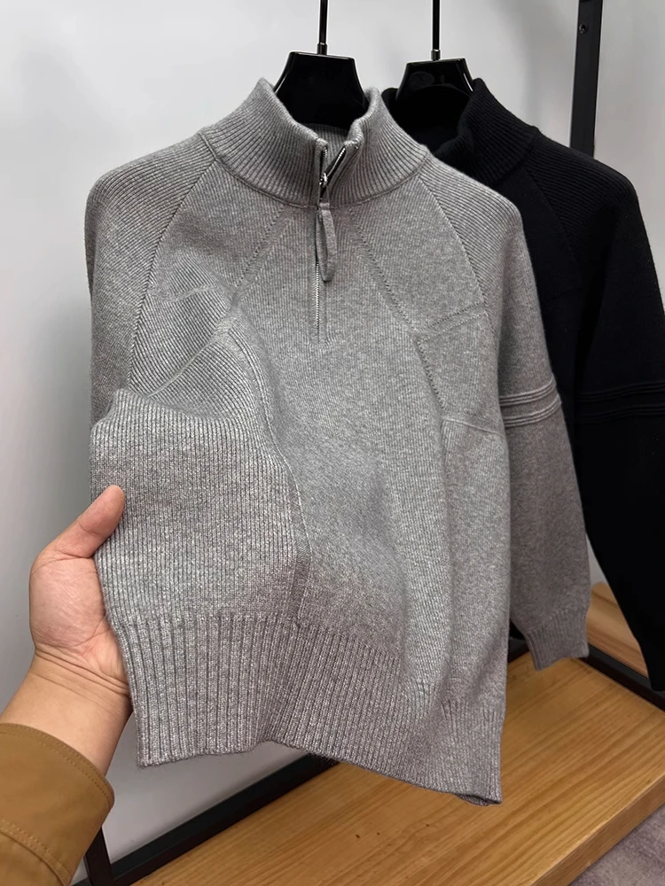 2024秋冬季灰色拉链毛衣男春秋季韩版潮流简约百搭纯色针织衫上衣