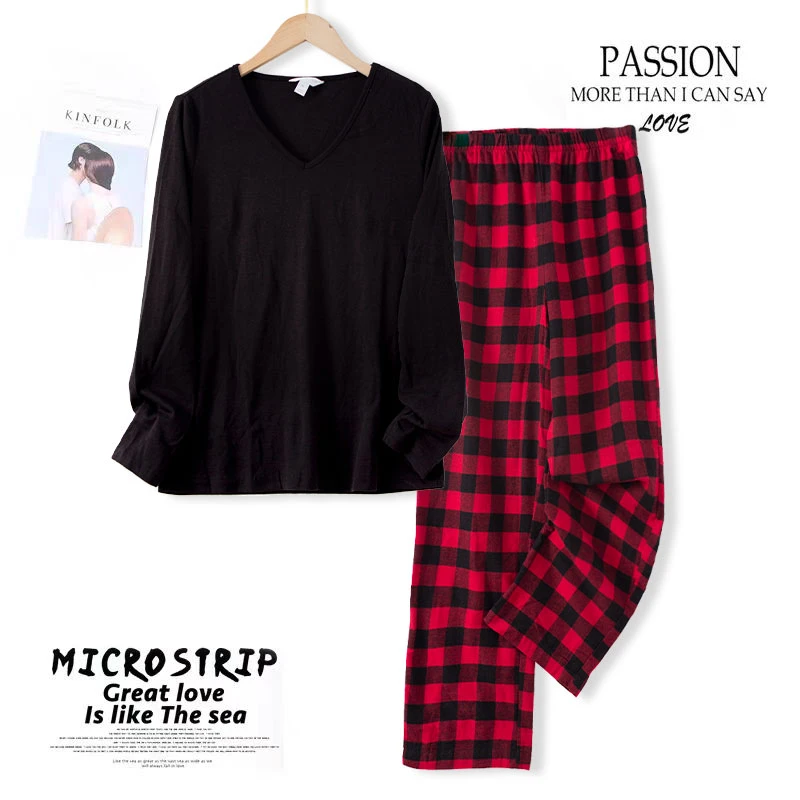 现货！睡衣睡裤秋季女士格纹家居服套装长袖长裤AA476宽松显瘦