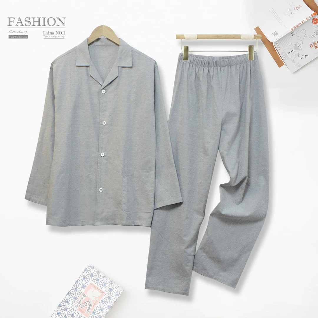 现货！男士双层纱布睡衣套纯色全棉家居服套装BB153长袖长裤舒适