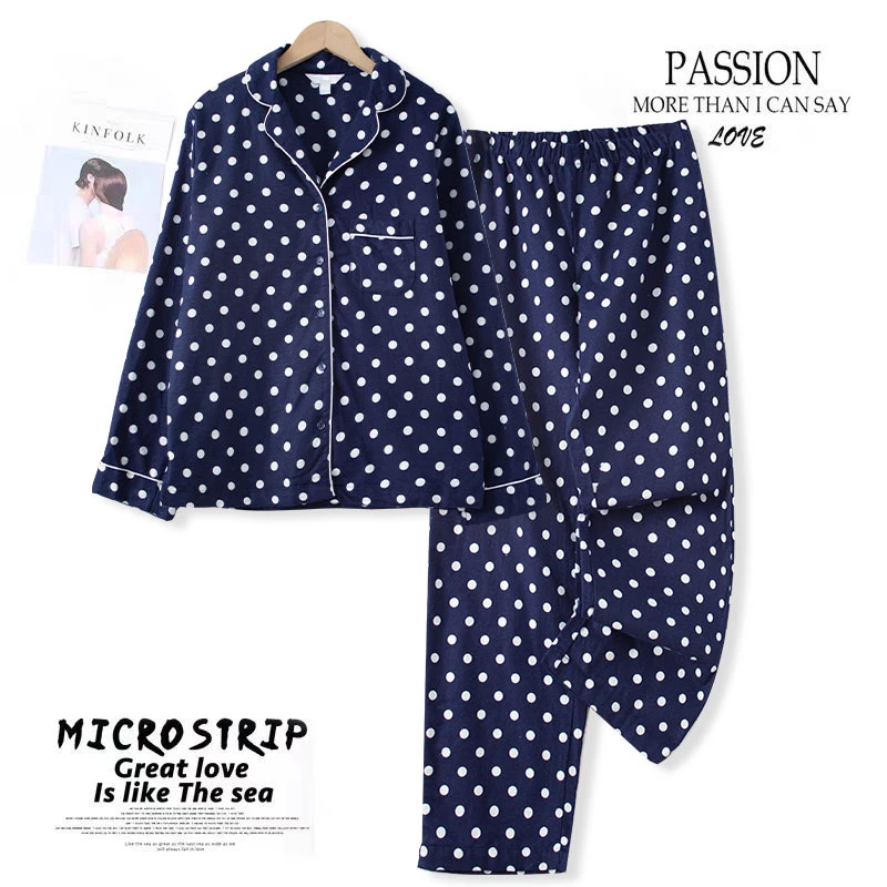 现货！睡衣睡裤秋女士纯棉波点家居服套装长袖长裤BB436宽松显瘦
