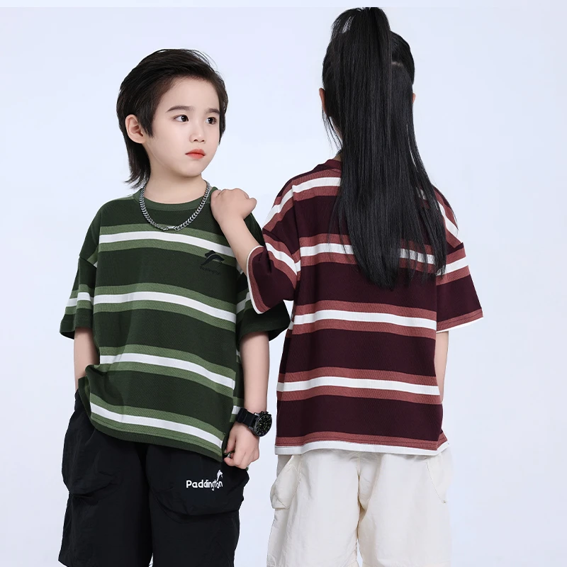 条纹上衣女童男童休闲夏季宽松半袖中大童圆领韩版条纹T恤短袖T恤