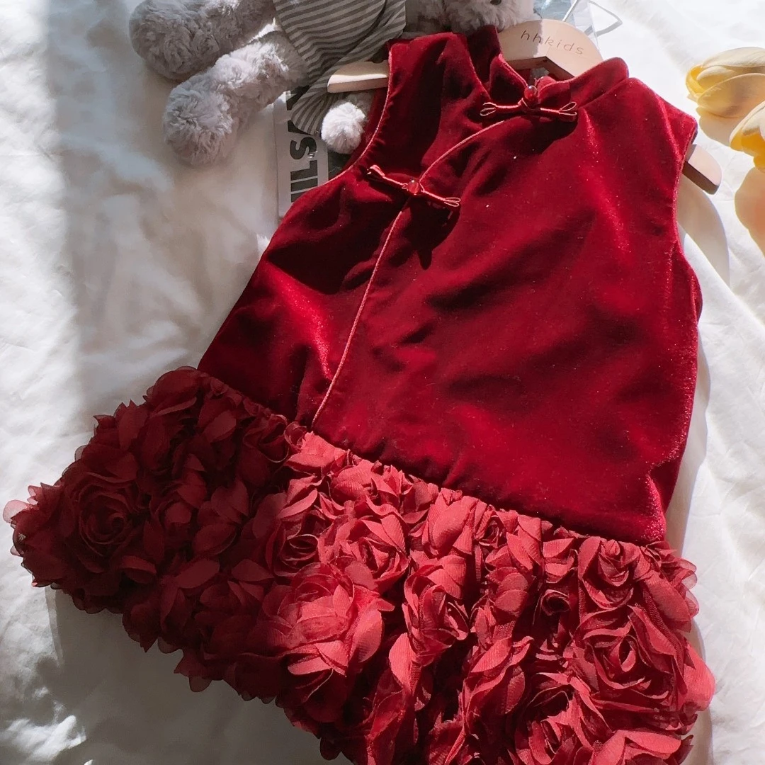 HHkids女童红色拜年服连衣裙2023冬无袖背心裙加绒过年裙子BQZ436