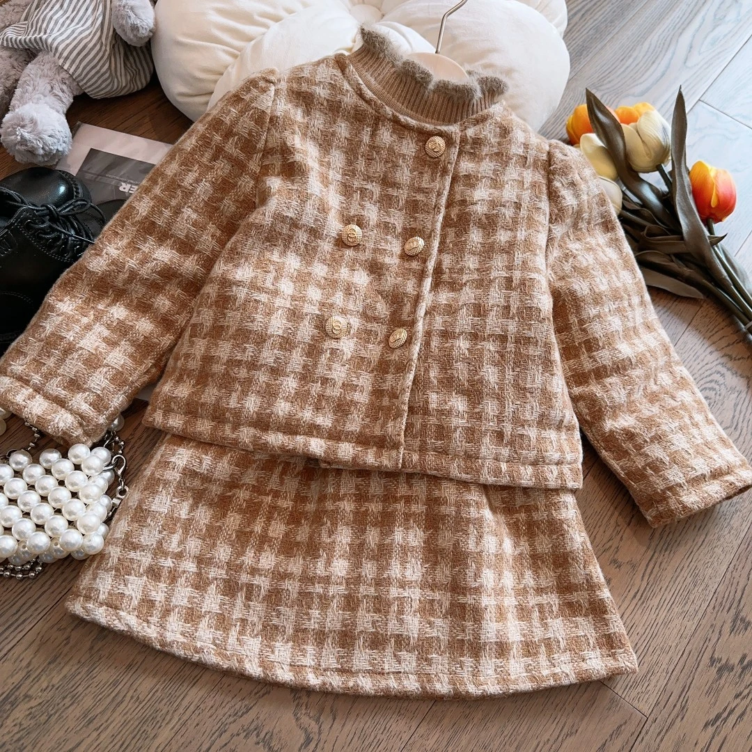 HHkids轻奢小香风套装裙女童秋冬季重工编织上衣裙子两件套FTZ503