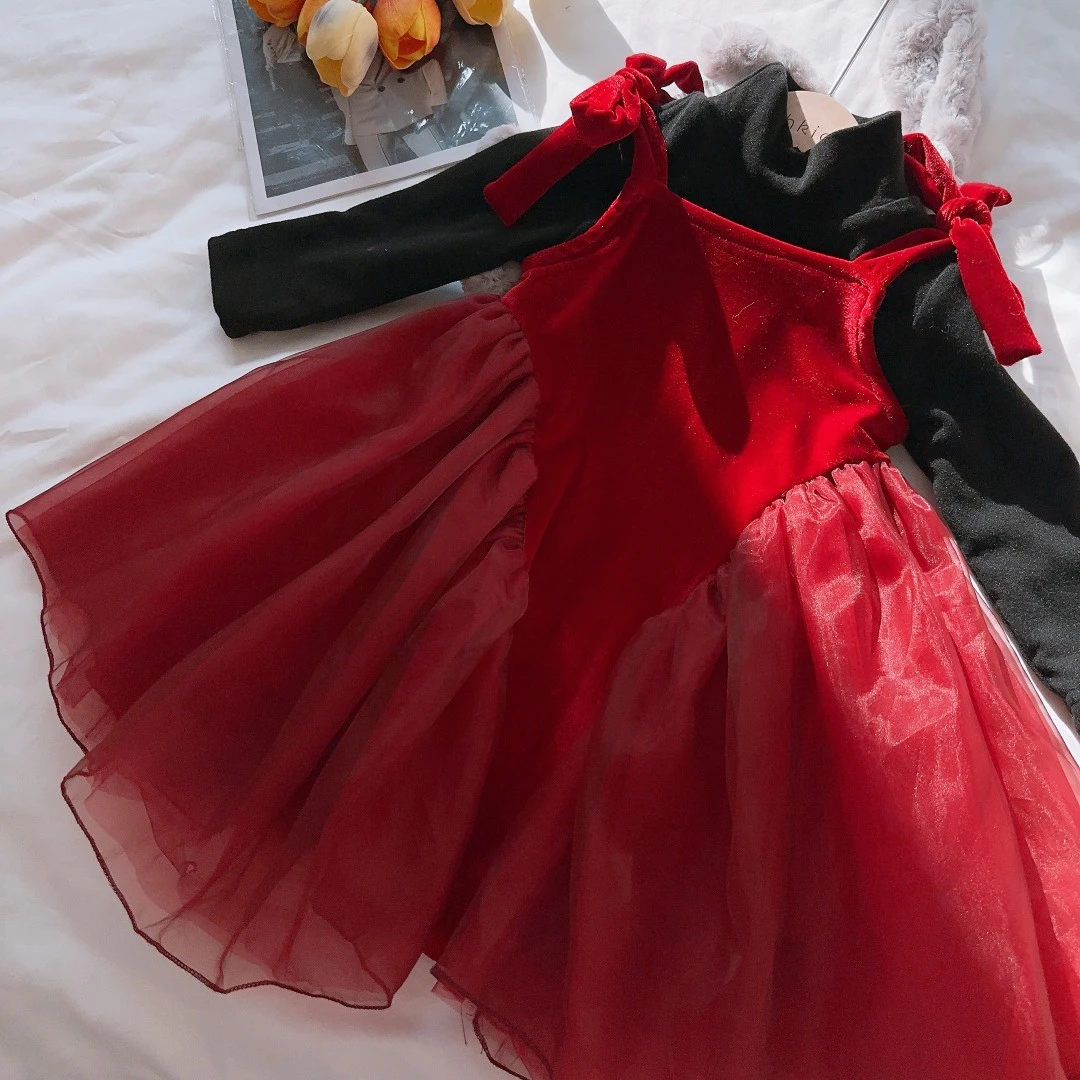 【现货】女童年服红色连衣裙公主裙礼服裙韩版吊带背心裙套装DTZ558