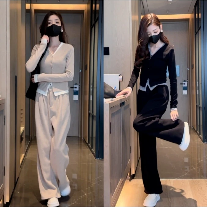 2024春秋季新款设计感假两件开衫上衣+高腰松紧阔腿裤休闲气质