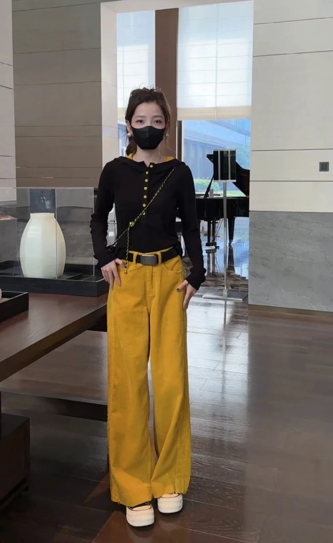 25简约时尚设计感单排扣连帽卫衣+灯芯绒休闲裤配腰带两件套