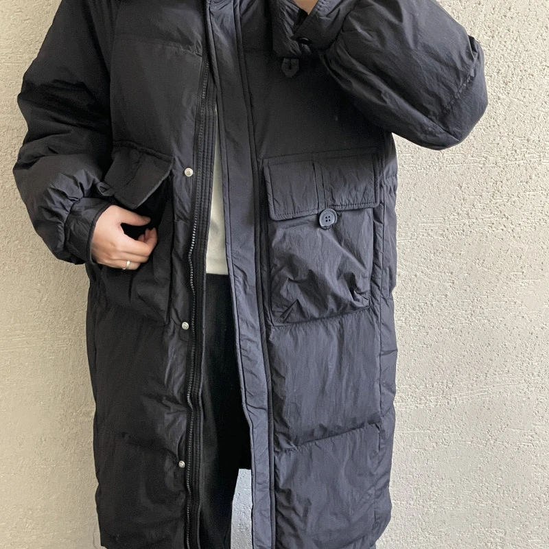 【 雨•美 推荐 】0051黑色韩版气质连帽双口袋中长款外套