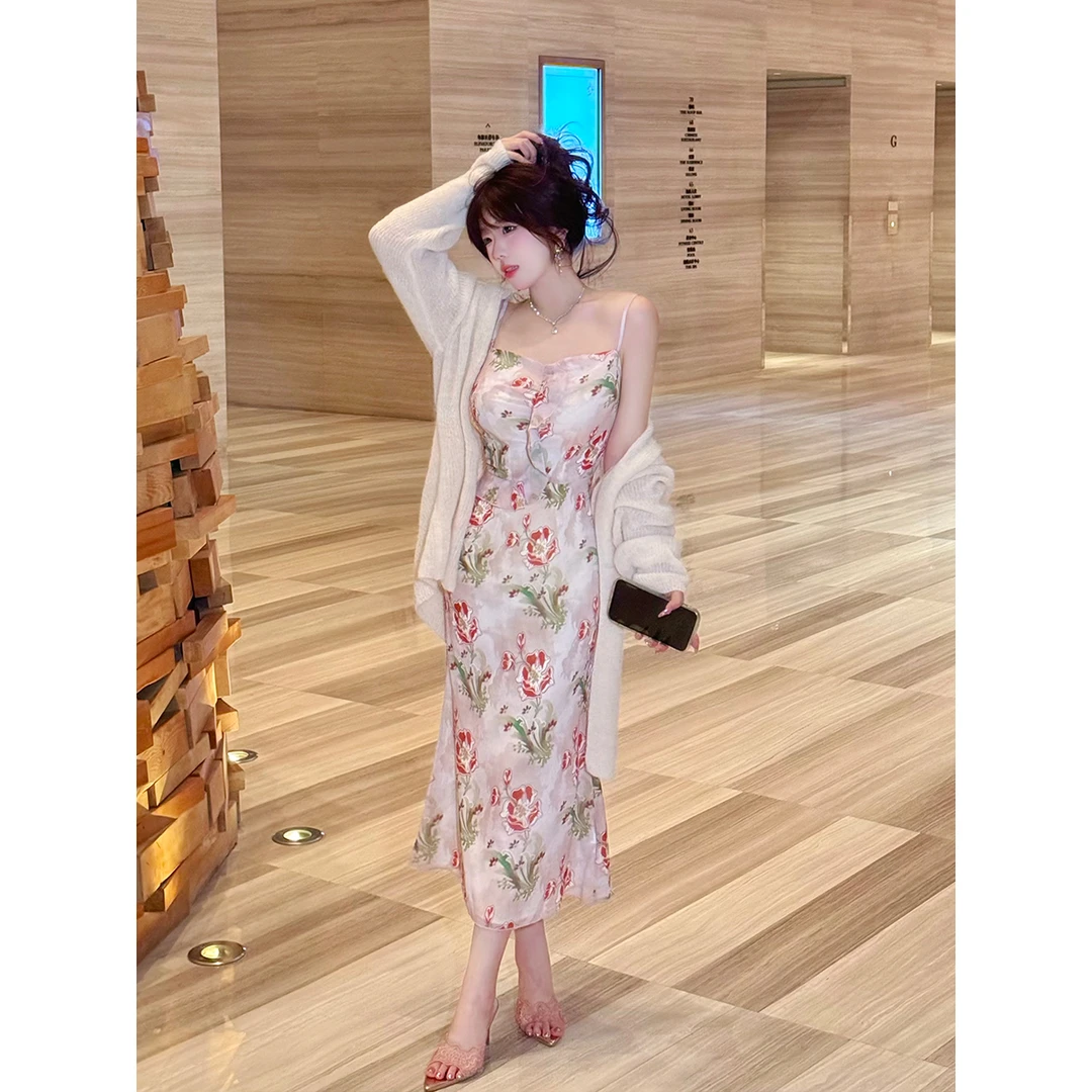 MengFairy清清【罗曼系碎花】纯欲修身气质碎花长款连衣裙3383M