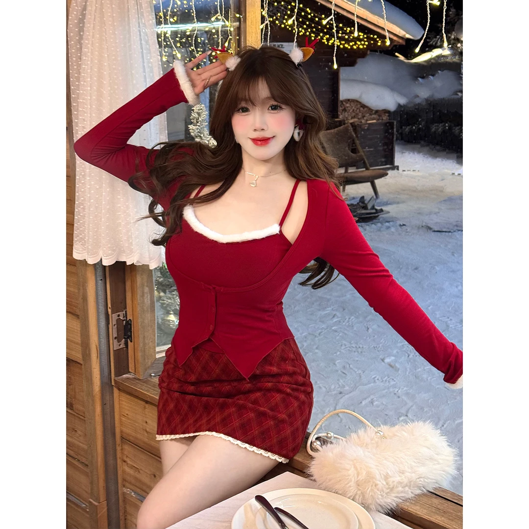 MengFairy清清【圣诞甜心】秋冬假两件拼毛绒上衣格子半裙4101 4057