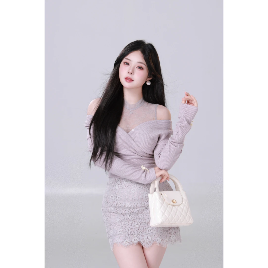 MengFairy现现【北岛妲己】纯欲假两件拼接蕾丝修身长袖上衣3967M