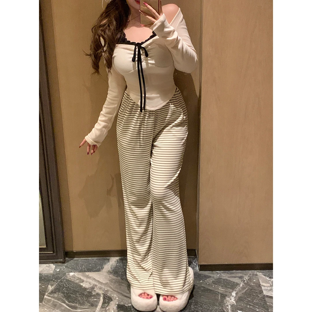 MengFairy现现【椰果奶芙裤子】高腰条纹显瘦百搭宽松直筒休闲裤