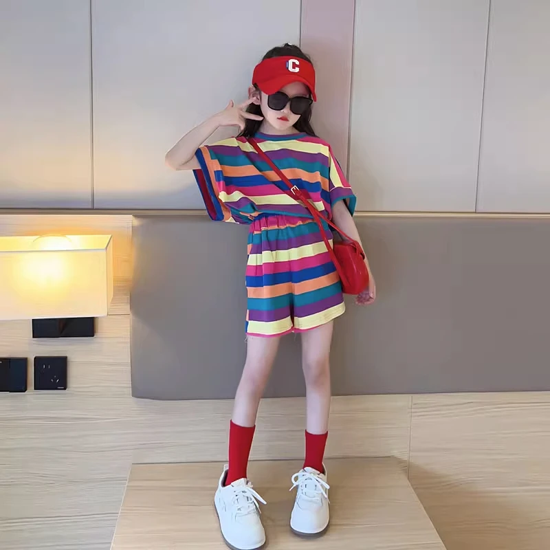 女童彩虹条纹夏款套装儿童衣服夏季网红炸街短袖短裤运动夏装童装