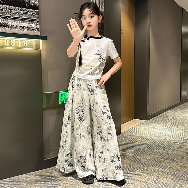 女童裙裤套装夏季2024新款儿童装国风中式短袖大童薄款阔腿裤夏装