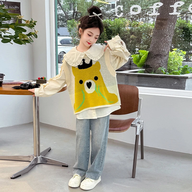 女童针织马甲衬衣套装秋装2025新款儿童女大童洋气时髦6-12岁春秋