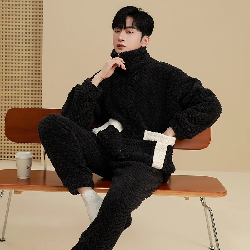 男士大码家居服加绒冬款保暖加厚宽松休闲长袖韩版冬天纯色睡衣