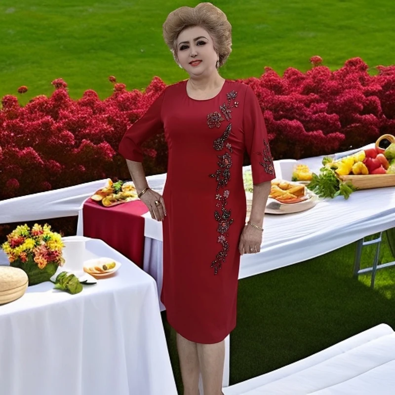 小燕子明景2381款玫瑰花大码连衣裙酒红色连衣裙