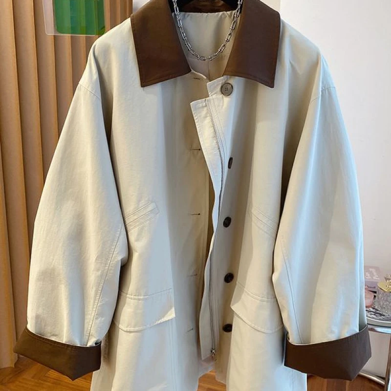 2024春秋新款韩版宽松休闲高级感撞色翻领中长款卡其色风衣外套女