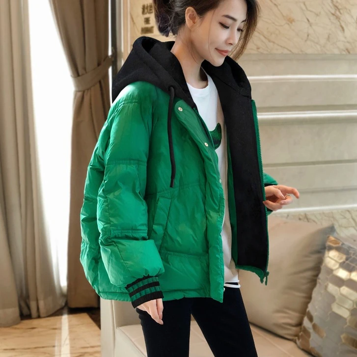 绿色短款连帽棉服女冬季2023新款大码胖mm宽松加厚面包服棉袄外套