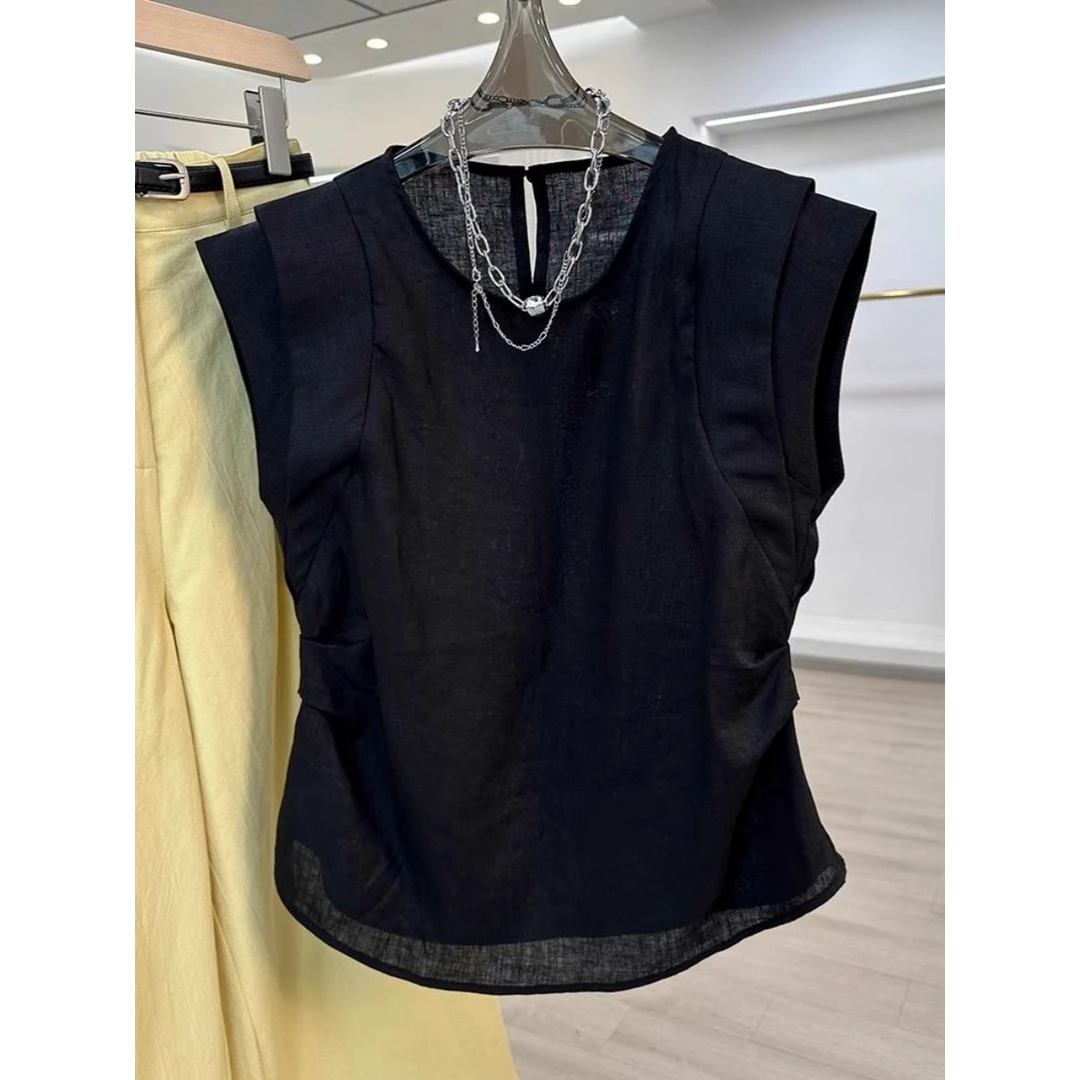 黑色飞飞袖圆领衬衫女夏季大码胖mm收腰显瘦气质时尚独特小衫上衣